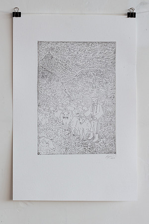 Ondro and his sheeps, etching, 23x34 cm, 2022